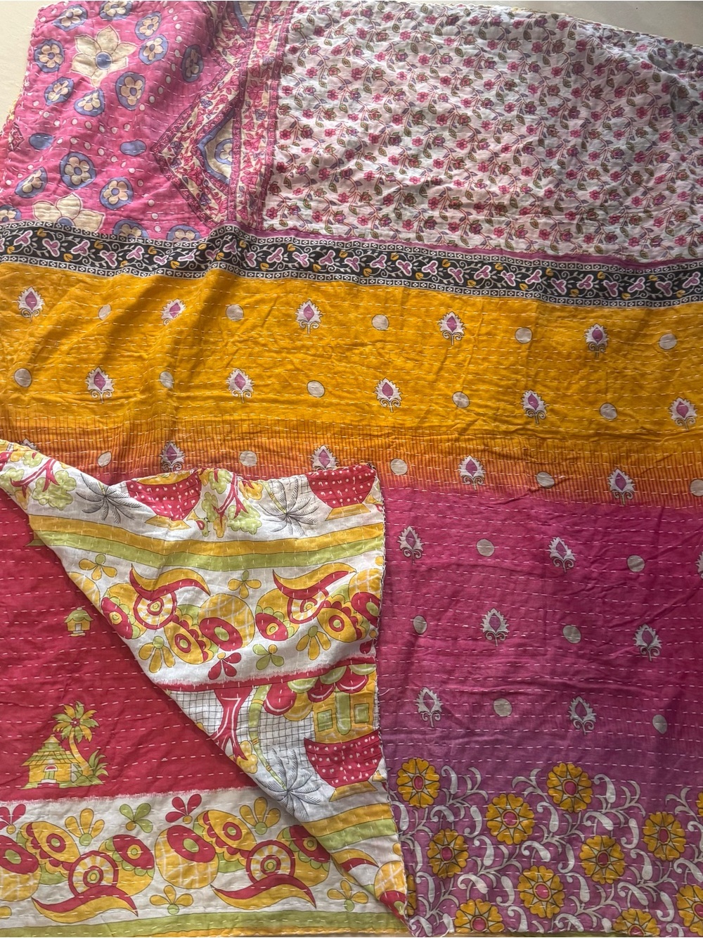 Kantha Quilt Reversible Pink, purple Yellow  - Lightweight Bedding/throw Vintage